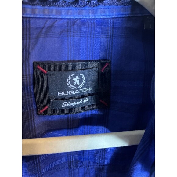 Bugatchi Dress Shirt Large Blue Plaid Paisley Contrast Flip Cuff Shape Fit - Picture 3 of 13